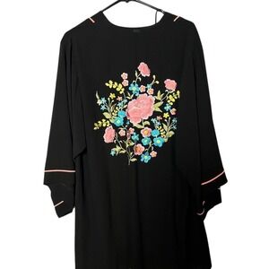 Vintage Women's Black Floral Embroidered Long Sleeve Boho Tunic Size L Y2K 90s